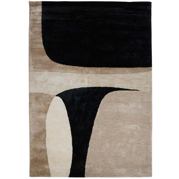 Moderner Kurzflorteppich Jazz in beige mit aufregendem Design. Der Teppich hat abstrakte Muster in Schwarz und Beige, die miteinander harmonieren und Eleganz ausstrahlen.