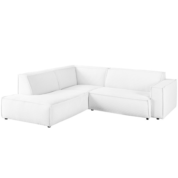 Weißes Cordsofa mit L-Form und schlichten Kanten steht im Raum. Es bietet großzügigen Sitzplatz und ist ideal für moderne Wohnbereiche geeignet.