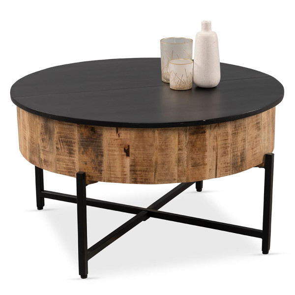 Runder Couchtisch mit schwarzer Oberfläche und Holzunterbau. Er steht auf einem stabilen Metallgestell und verleiht dem Raum einen modernen Akzent.