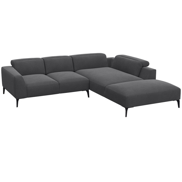 Graues Ecksofa aus hochwertigem Material mit offenen Enden und modernen, schlanken Beinen. Es bietet komfortable Sitzfläche und hohe Rückenkissen für optimalen Sitzkomfort.