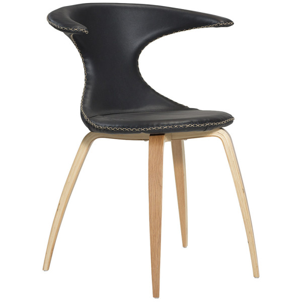 Schwarzer Stuhl mit einem einzigartigen Design aus Kunstleder und Holzbeinen. Der Stuhl Flair hat eine markante Rückenlehne und eignet sich für moderne Inneneinrichtungen.