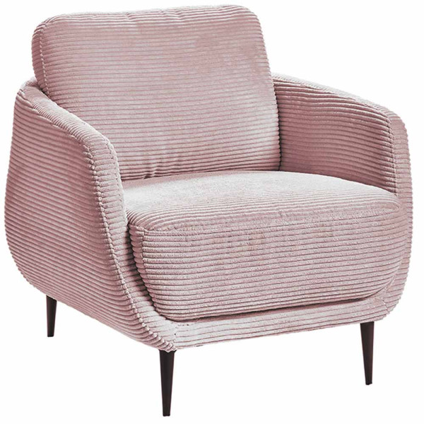 Cordsessel Liv in hellrosa Farbe mit Rillenstruktur. Der Sessel hat eine Stahl-Wellenunterfederung und steht auf schwarzen Füßen. Ideal für moderne Wohnräume.