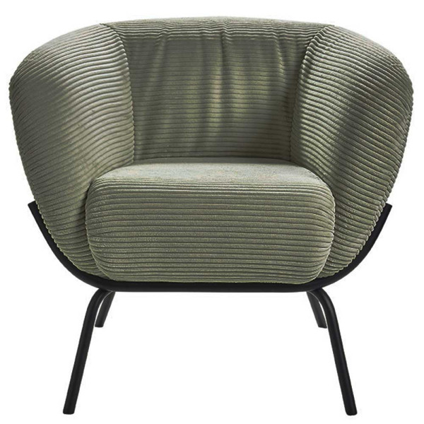 Cordsessel Dance hat eine moderne Form und eine gepolsterte Oberfläche in sanftem Grün. Der Stuhl steht auf einem schwarzem Stahlgestell und bietet eine gemütliche Sitzgelegenheit.