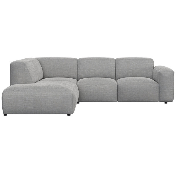 Graues, modulares Sofa LUCERA mit offener Ecke steht dekorativ. Es bietet bequeme Sitzmöglichkeiten und passt sich dem Raumdesign an. Ideal für eine stilvolle Inneneinrichtung.