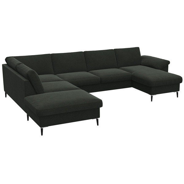 Gemütliches Ecksofa in einem gedeckten Grünton mit breiten Armlehnen. Das Sofa bietet viel Platz und ist ideal für entspannte Stunden im Wohnzimmer.