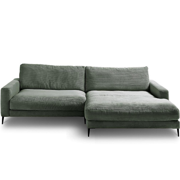 Cordsofa Uptown ST2 in hellgrau mit Chaiselongue auf der rechten Seite steht auf schlanken Beinen. Es hat eine gestreifte Textur und ist modern designt.