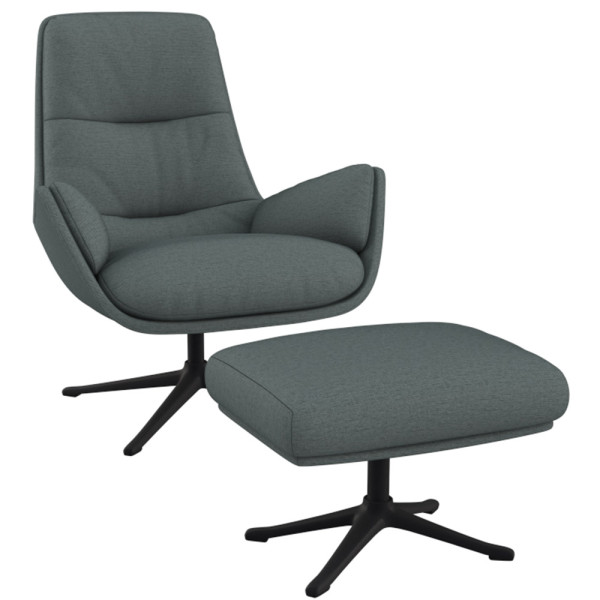 Stoff Sessel Moro in stoff slate grey steht auf einem drehbarem Metallgestell. Er ist bequem gepolstert und eignet sich für stilvolle Wohnräume.