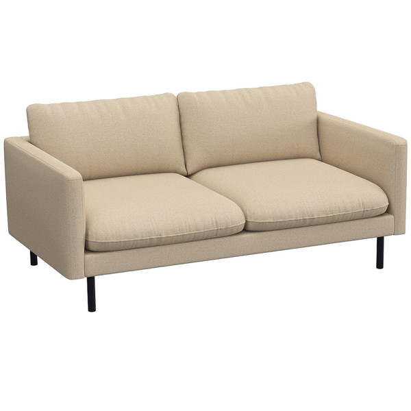 Graues Sofa mit zwei breiten Kissen und schmalen Armlehnen steht auf schlanken, schwarzen Beinen. Das Design ist modern und schlicht, geeignet für verschiedene Wohnstile.