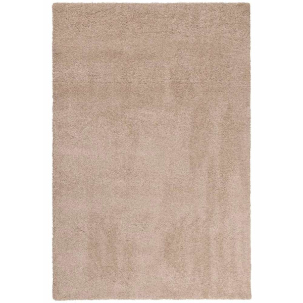 Hochflorige, beige Teppichfläche mit einer samtigen, texturierten Oberfläche steht im Fokus. Die Struktur verleiht ein gemütliches Ambiente und ist ideal für individuelle Raumgestaltungen.