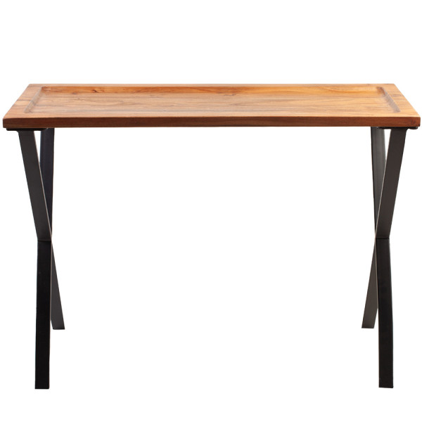 Moderner Konsolentisch mit einer massiven Holzplatte in Nougatfarbe und schwarzen Metallbeinen. Er steht stabil und eignet sich als Beistelltisch. Der Preis beträgt 249,00 €.