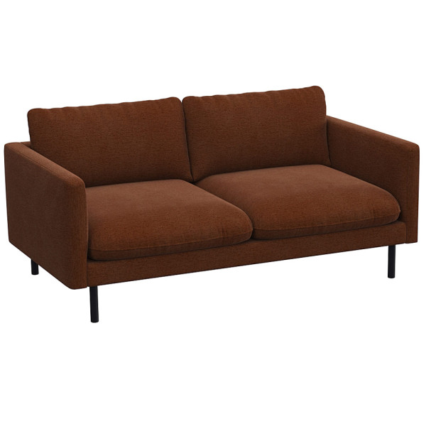 Graues Sofa mit zwei breiten Kissen und schmalen Armlehnen steht auf schlanken, schwarzen Beinen. Das Design ist modern und schlicht, geeignet für verschiedene Wohnstile.