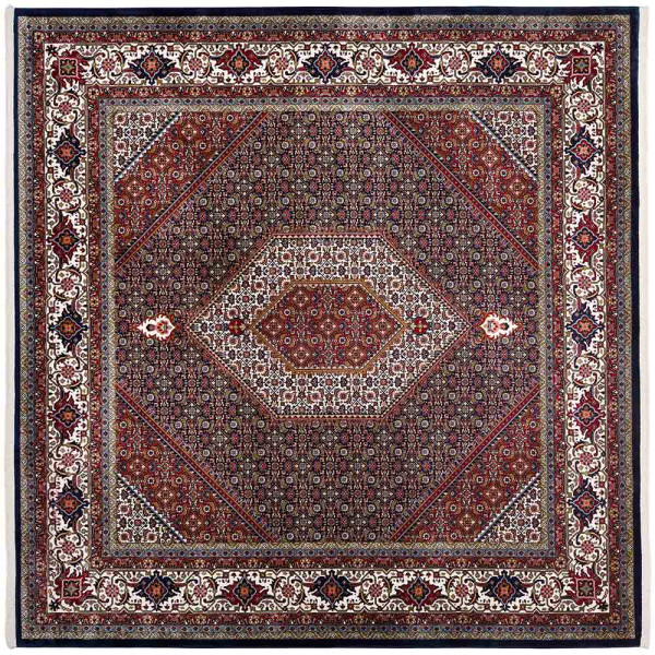 Klassischer Bidjar-Teppich mit aufwendigem, geometrischem Muster in Rot und Blau. Der Teppich hat Fransen und ist hochwertig verarbeitet. Ideal für dekorative Raumgestaltungen.
