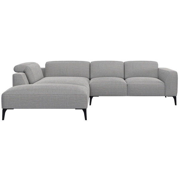 Graues Ecksofa aus hochwertigem Material mit offenen Enden und modernen, schlanken Beinen. Es bietet komfortable Sitzfläche und hohe Rückenkissen für optimalen Sitzkomfort.