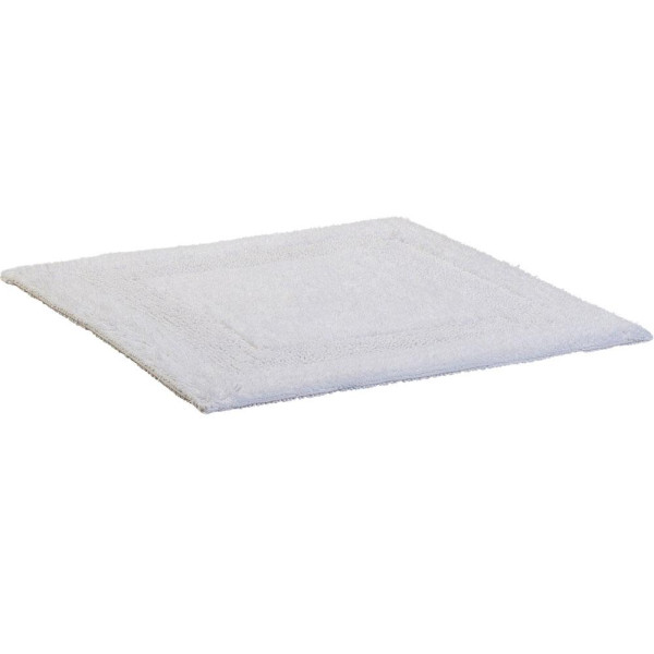 Hellgrauer Badteppich mit weichgebürsteter Oberfläche und quadratischem Muster. Der Teppich ist aus Baumwolle gefertigt und eignet sich ideal für Badezimmer.