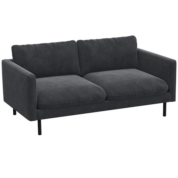 Graues Sofa mit zwei breiten Kissen und schmalen Armlehnen steht auf schlanken, schwarzen Beinen. Das Design ist modern und schlicht, geeignet für verschiedene Wohnstile.