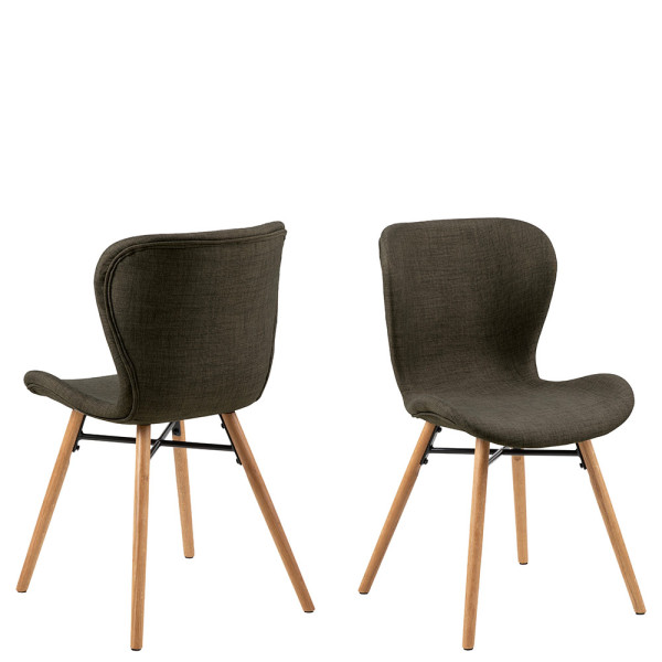 Esszimmerstuhl Beate in khaki steht mit gepolsterter Sitzfläche und Holzbeinen auf einem weißen Hintergrund. Der Stuhl ist ergonomisch geformt und eignet sich ideal für den Essbereich.