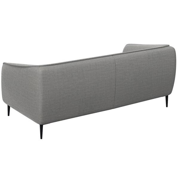 Graues Sofa mit abgerundeten Armlehnen und zwei Polsterkissen auf den Sitzflächen steht auf schmalen, schwarzen Beinen. Es eignet sich für individuelle Anpassungen und ist als Wunschsofa erhältlich.