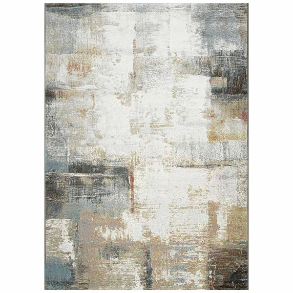 Grauer Kurzflor-Teppich Argentum 63723 mit abstraktem Muster in verschiedenen Grautönen und leicht goldfarbenen Akzenten liegt auf einem hellen Untergrund. Er vermittelt ein modernes Ambiente.