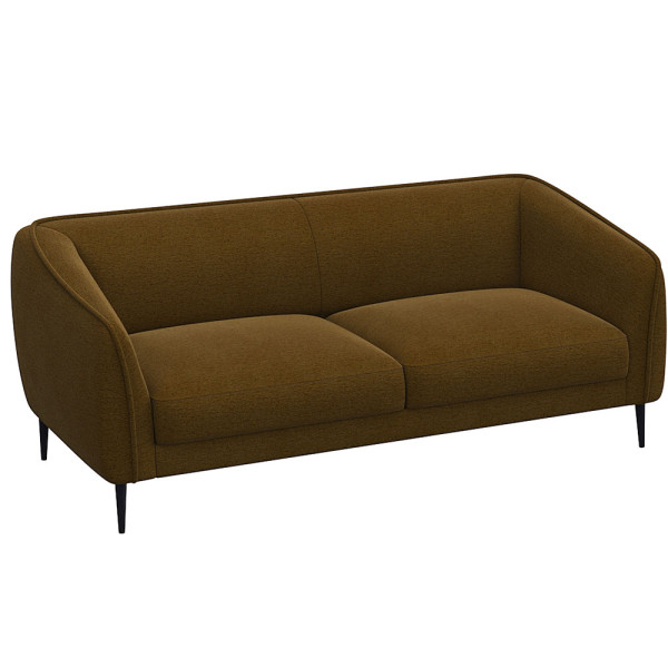Graues Sofa mit abgerundeten Armlehnen und zwei Polsterkissen auf den Sitzflächen steht auf schmalen, schwarzen Beinen. Es eignet sich für individuelle Anpassungen und ist als Wunschsofa erhältlich.