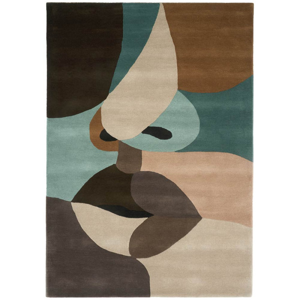 Geometrischer Designer-Teppich in multicolor mit verschiedenen abstrakten Formen. Die Farben umfassen Blau, Braun und Beige. Der Teppich misst 160 x 230 cm und kostet 499,00 €.