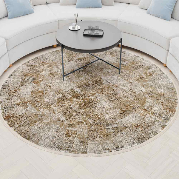 Runder, seidig glänzender Vintage-Designerteppich in einem Beige-Mix mit marokkanischem Muster. Der Teppich hat einen Durchmesser von 160 cm und wird zu einem Preis von 499,00 € angeboten.