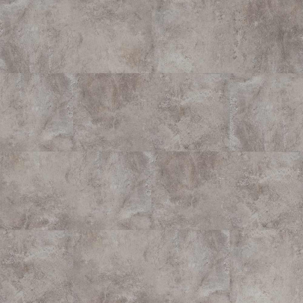 Grau-marblesierter Klick-Vinylboden zeigt große rechteckige Fliesen mit verschiedenen Nuancen, die eine natürliche Steinoberfläche imitieren. Der Boden ist ideal für moderne Innenräume.