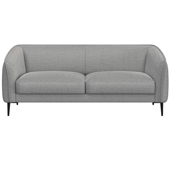 Graues Sofa mit abgerundeten Armlehnen und zwei Polsterkissen auf den Sitzflächen steht auf schmalen, schwarzen Beinen. Es eignet sich für individuelle Anpassungen und ist als Wunschsofa erhältlich.