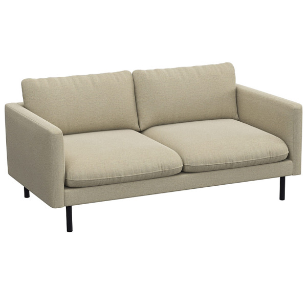 Graues Sofa mit zwei breiten Kissen und schmalen Armlehnen steht auf schlanken, schwarzen Beinen. Das Design ist modern und schlicht, geeignet für verschiedene Wohnstile.