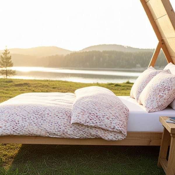 Edle Mako-Satin Bettwäsche in Rosa mit einem gemusterten Design in sanften Farben liegt übereinander gestapelt. Sie besteht aus zwei Kissenbezügen und einem Bettbezug.