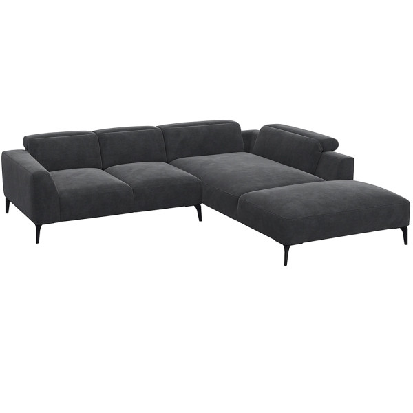 Graues Ecksofa aus hochwertigem Material mit offenen Enden und modernen, schlanken Beinen. Es bietet komfortable Sitzfläche und hohe Rückenkissen für optimalen Sitzkomfort.