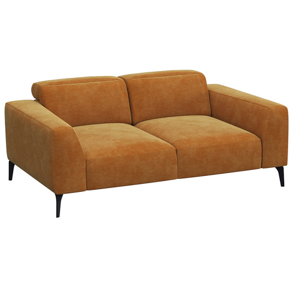 Schwarzes Sofa VOLUZZI mit modernen Designs, zwei Sitzflächen und geraden Armlehnen steht auf schmalen Füßen. Es ist für individuelle Gestaltung und hochwertige Materialien konzipiert.