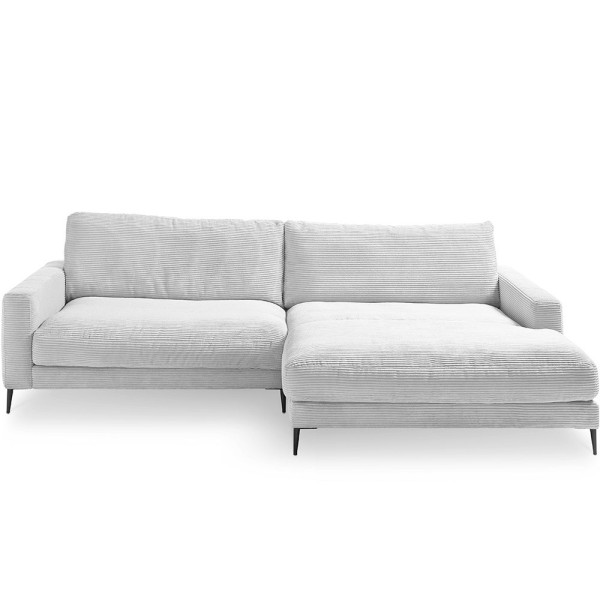 Hellgraues Cordsofa Uptown ST2 mit Chaiselongue auf der rechten Seite. Das Sofa hat ein modernes Design und bietet eine bequeme Sitzgelegenheit.