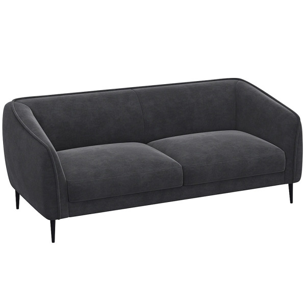 Graues Sofa mit abgerundeten Armlehnen und zwei Polsterkissen auf den Sitzflächen steht auf schmalen, schwarzen Beinen. Es eignet sich für individuelle Anpassungen und ist als Wunschsofa erhältlich.