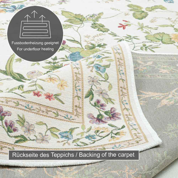 Drei Teppiche mit floralen Mustern in hellen Farbtönen liegen nebeneinander. Der rechte Teppich ist lang und schmal, während die anderen beiden rechteckig sind.