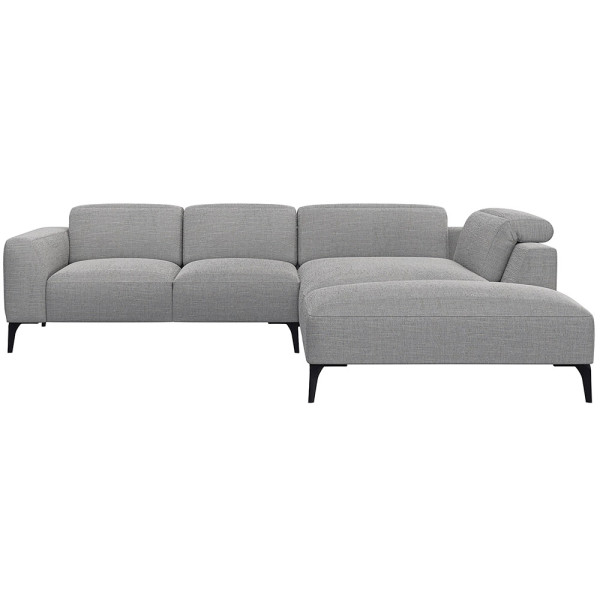 Graues Ecksofa aus hochwertigem Material mit offenen Enden und modernen, schlanken Beinen. Es bietet komfortable Sitzfläche und hohe Rückenkissen für optimalen Sitzkomfort.