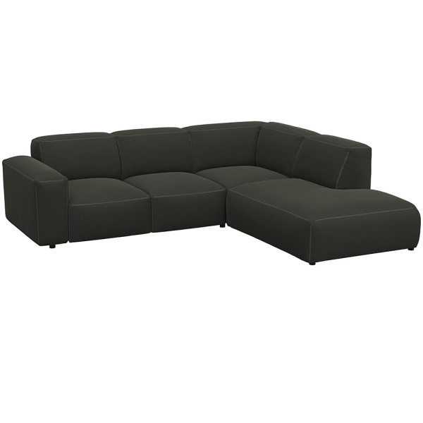 Graues, modulares Sofa LUCERA mit offener Ecke steht dekorativ. Es bietet bequeme Sitzmöglichkeiten und passt sich dem Raumdesign an. Ideal für eine stilvolle Inneneinrichtung.