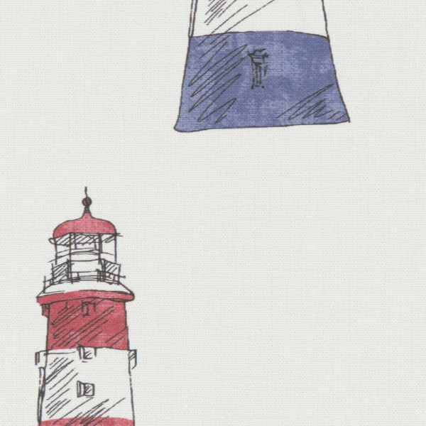 Weißer Vorhangstoff mit einem Leuchturmmuster, das zwei verschiedene Leuchttürme zeigt. Der obere Turm ist blau-weiß gestreift, während der untere rot-weiß ist.