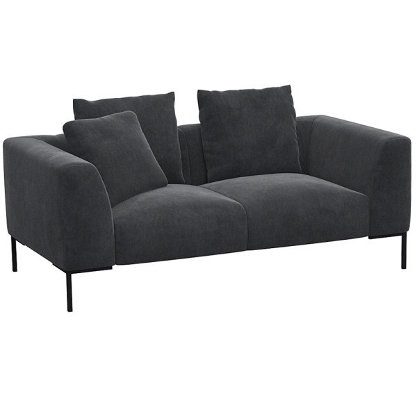 Helles, modernes Sofa in hellbeiger Farbe mit zwei Kissen. Es hat eine schlichte, rechteckige Form und steht auf schwarzen Beinen. Die Oberfläche wirkt einladend und bequem.