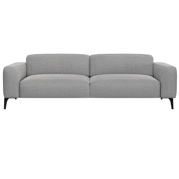 Schwarzes Sofa VOLUZZI mit modernen Designs, zwei Sitzflächen und geraden Armlehnen steht auf schmalen Füßen. Es ist für individuelle Gestaltung und hochwertige Materialien konzipiert.