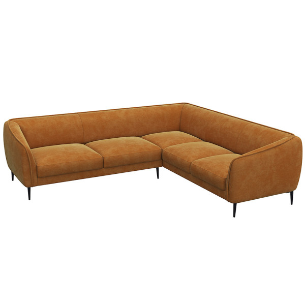 Ecksofa BELLE in hellem Stoff mit gepolsterten Sitzflächen und schmalen schwarzen Beinen. Das Sofa bietet modernen Komfort und lädt zum Entspannen ein.