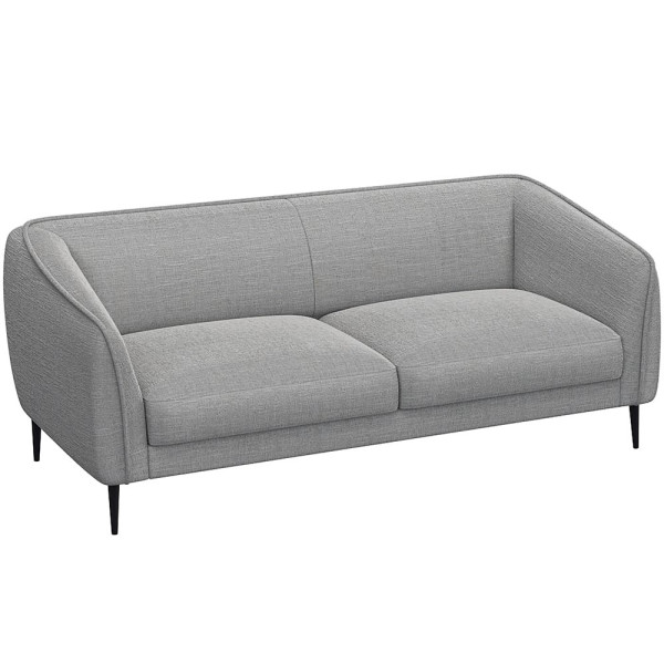 Graues Sofa mit abgerundeten Armlehnen und zwei Polsterkissen auf den Sitzflächen steht auf schmalen, schwarzen Beinen. Es eignet sich für individuelle Anpassungen und ist als Wunschsofa erhältlich.