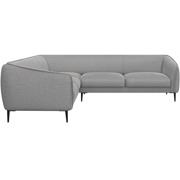 Ecksofa BELLE in hellem Stoff mit gepolsterten Sitzflächen und schmalen schwarzen Beinen. Das Sofa bietet modernen Komfort und lädt zum Entspannen ein.
