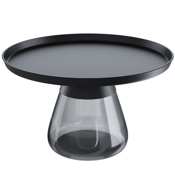 Schwarzer Couchtisch Drop mit rundem Tischblatt aus Metall und durchsichtiger Glasfußkonstruktion steht auf einem weißen Untergrund. Der Tisch bietet eine elegante und moderne Optik.