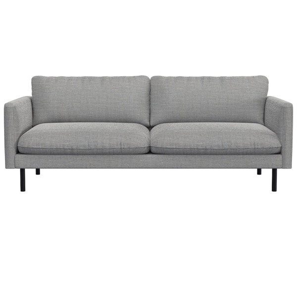 Graues Sofa mit zwei breiten Kissen und schmalen Armlehnen steht auf schlanken, schwarzen Beinen. Das Design ist modern und schlicht, geeignet für verschiedene Wohnstile.