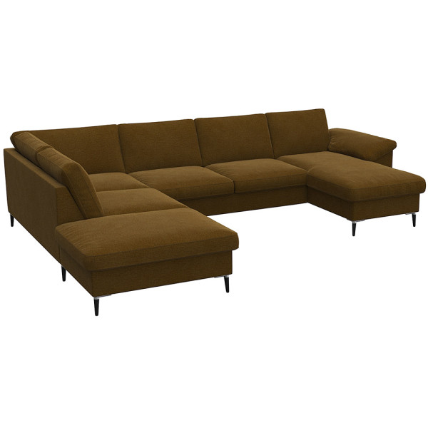 Gemütliches Ecksofa in einem gedeckten Grünton mit breiten Armlehnen. Das Sofa bietet viel Platz und ist ideal für entspannte Stunden im Wohnzimmer.