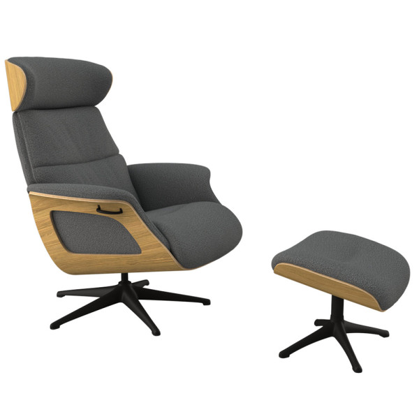 Relaxsessel Clement hat einen Holz-Korpus und ist mit einem grauen Polster ausgestattet. Der Sessel bietet komfortable Sitzmöglichkeiten und ist drehbar. Der Preis liegt bei 1.399,00 €.