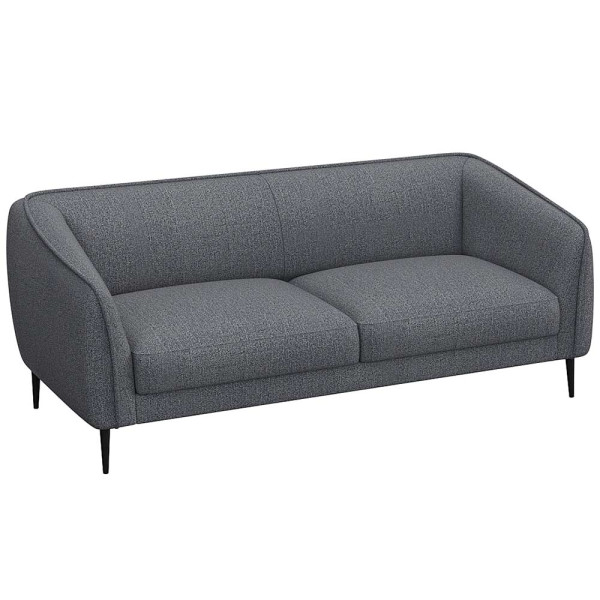 Graues Sofa mit abgerundeten Armlehnen und zwei Polsterkissen auf den Sitzflächen steht auf schmalen, schwarzen Beinen. Es eignet sich für individuelle Anpassungen und ist als Wunschsofa erhältlich.