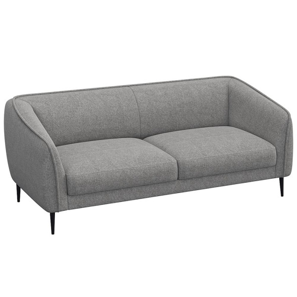 Graues Sofa mit abgerundeten Armlehnen und zwei Polsterkissen auf den Sitzflächen steht auf schmalen, schwarzen Beinen. Es eignet sich für individuelle Anpassungen und ist als Wunschsofa erhältlich.