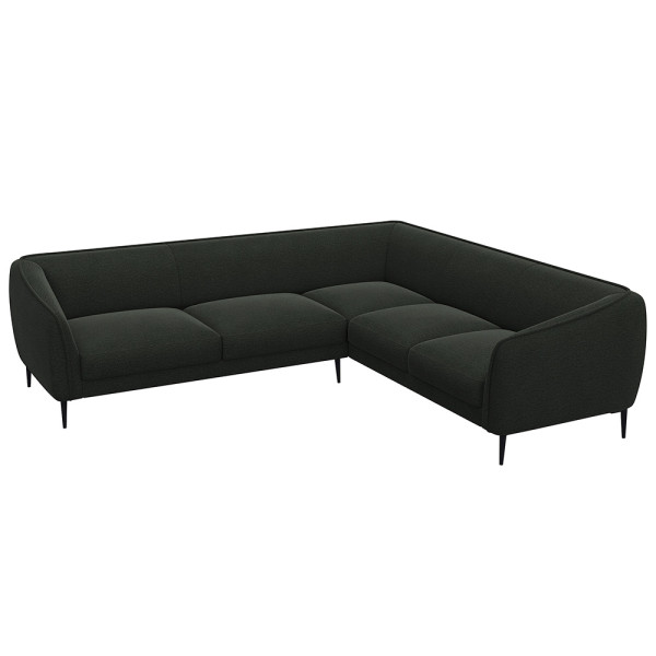 Ecksofa BELLE in hellem Stoff mit gepolsterten Sitzflächen und schmalen schwarzen Beinen. Das Sofa bietet modernen Komfort und lädt zum Entspannen ein.