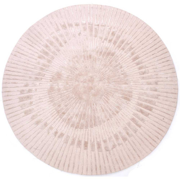 Runder Teppich mit Strahlen-Design in Hoch-Tief-Optik, in Beige und grau, hat einen Durchmesser von 250 cm und wird für 799,00 € angeboten.